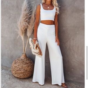 Vici Campfire Wide Leg & Crop Top White Ribbed Set
